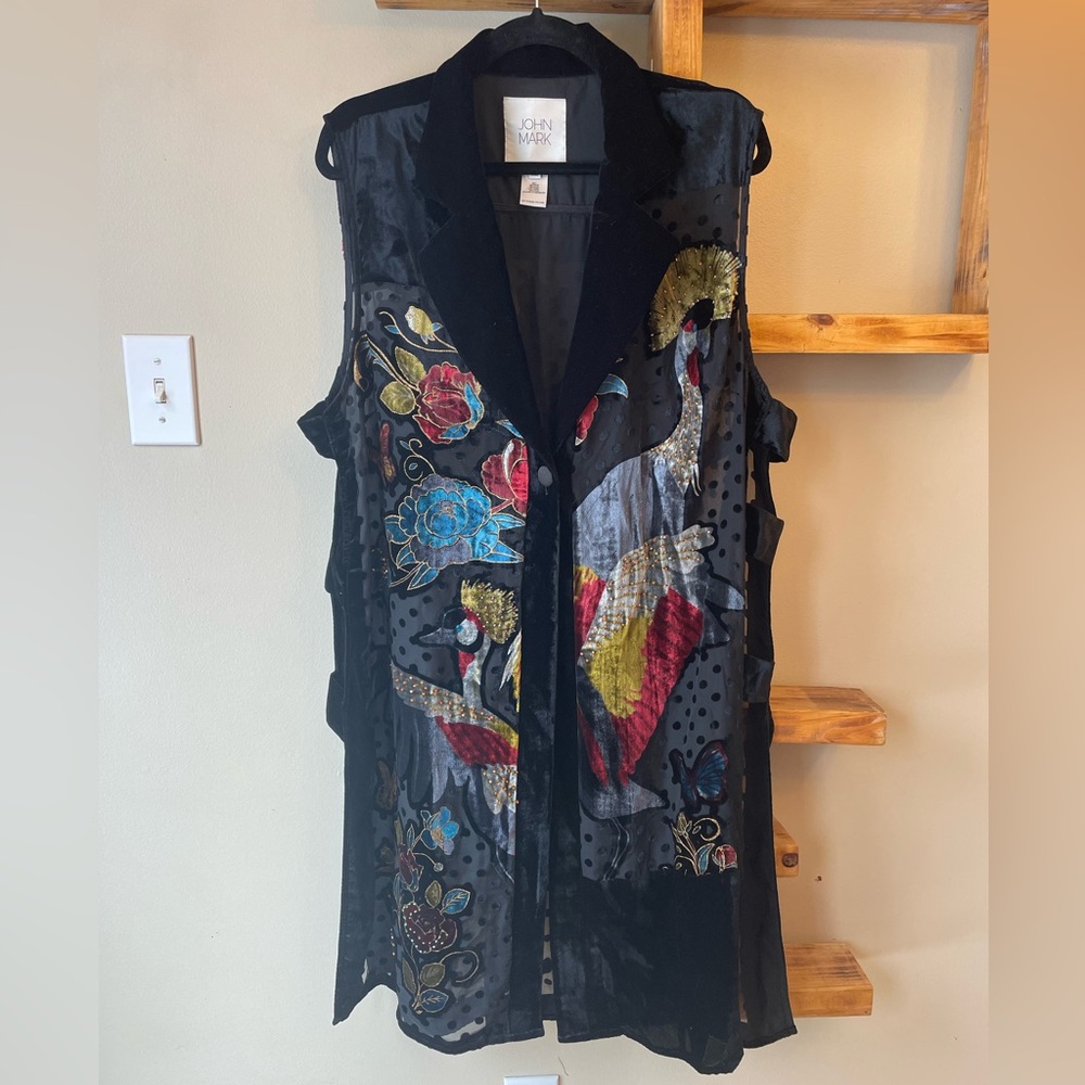 John Mark Beaded Crane Print Burnout Velvet Lapel Vest Size XL